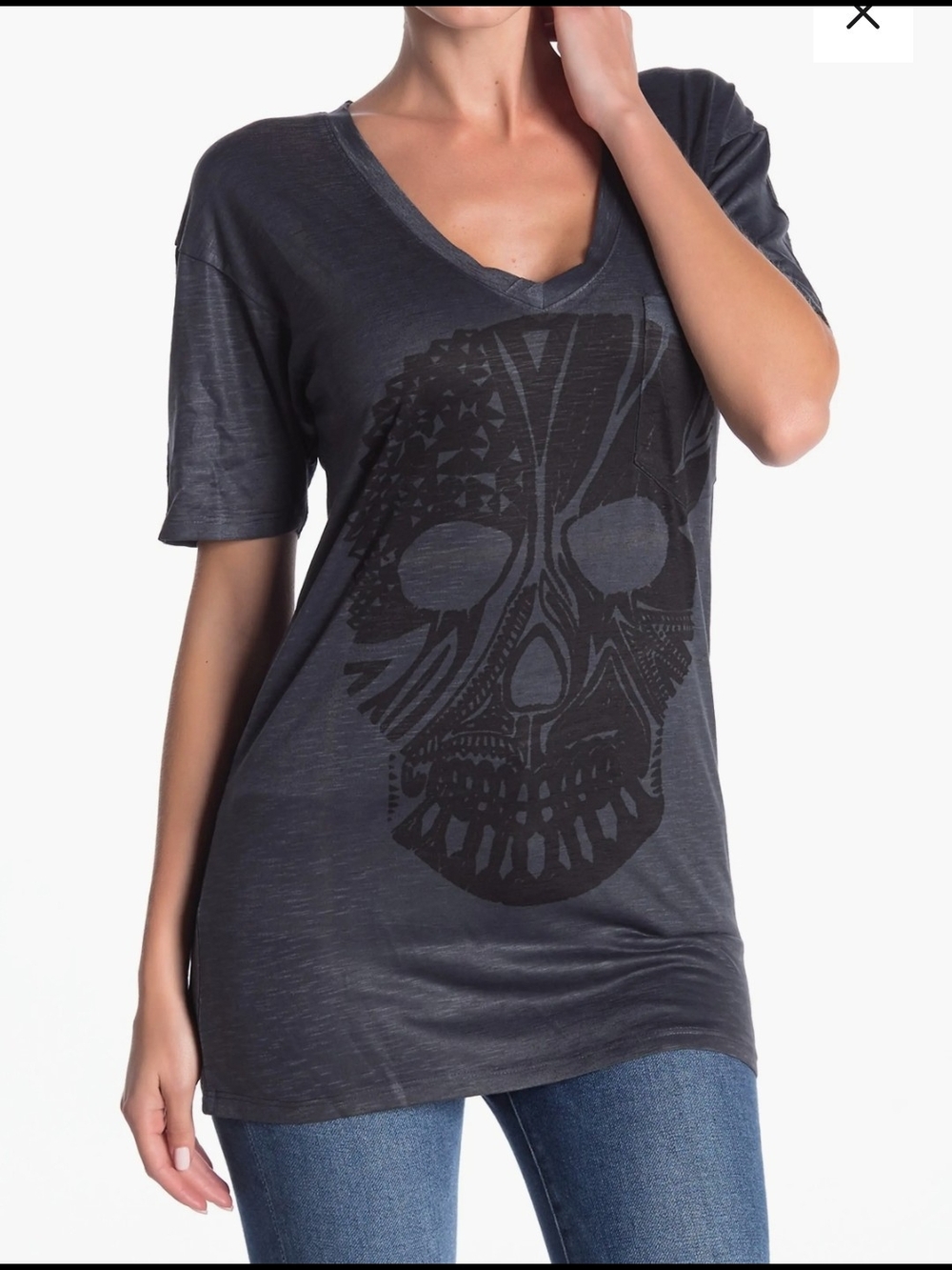 Go Couture Blue/Gray V-Neck Skull Graphic Tee